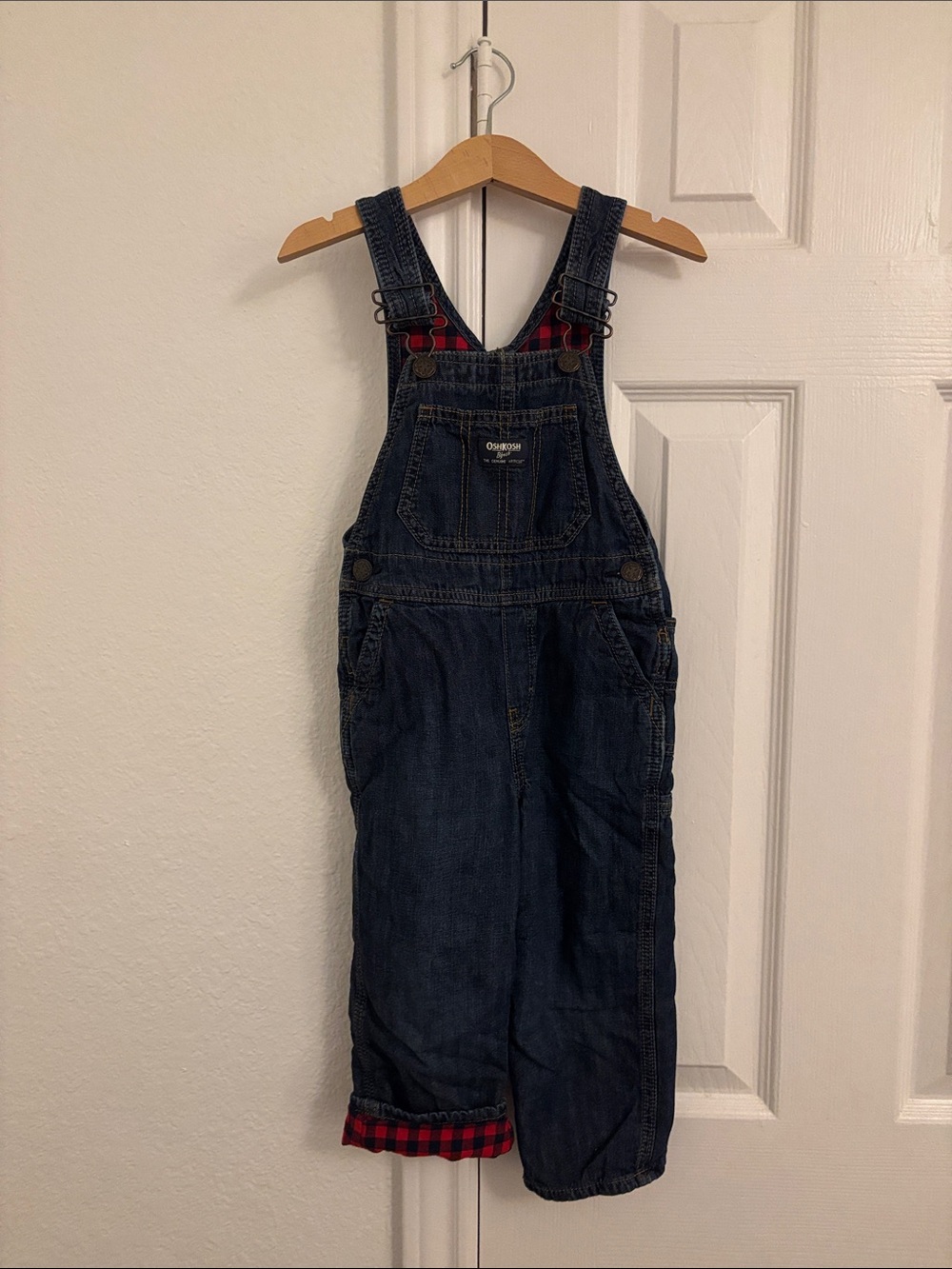 OshKosh B'gosh Dark Blue Denim Kids Overalls with Red Plaid Accents